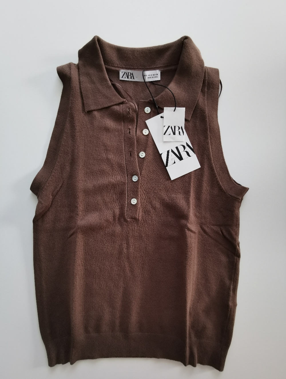 ZARA Brown Sleeveless Polo Collar Quarter Button-Up Knit Tank Top